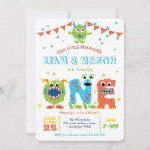 Tweelingen kleine monsters eerste verjaardag jonge kaart (Voorkant)