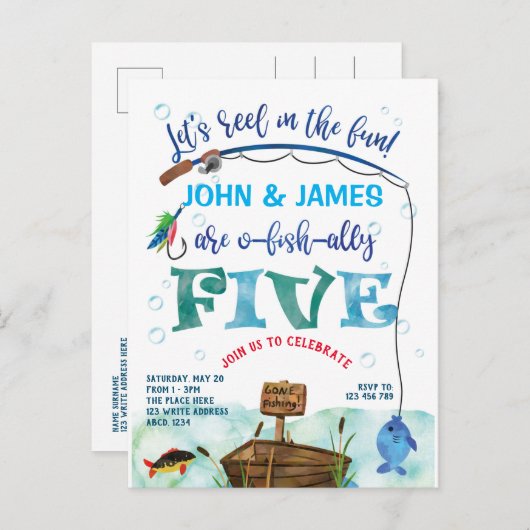 Tweelingen kleine visser met de vijfde visser uitnodiging briefkaart (Voorkant / Achterkant)