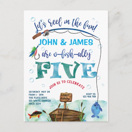 Tweelingen kleine visser met de vijfde visser uitnodiging briefkaart (Voorkant)
