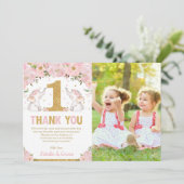 Tweelingen meisjes 1ste verjaardag Roze Floral Ele Bedankkaart (Staand voorkant)