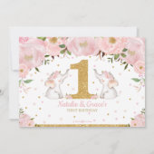 Tweelingen meisjes 1ste verjaardag Roze Floral Ele Bedankkaart (Achterkant)