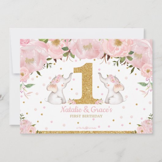 Tweelingen meisjes 1ste verjaardag Roze Floral Ele Bedankkaart (Achterkant)