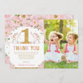 Tweelingen meisjes 1ste verjaardag Roze Floral Ele Bedankkaart (Voorkant / Achterkant)