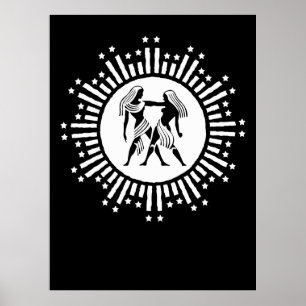 Tweelingen Zodiac Symbool met sterren zwart en wit Poster