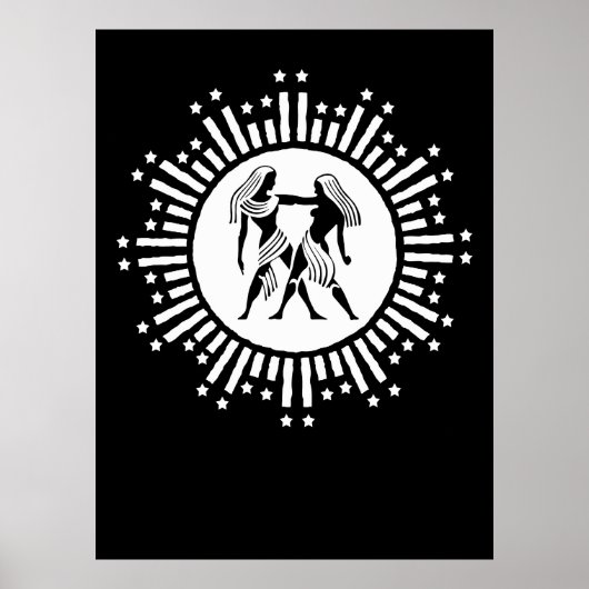 Tweelingen Zodiac Symbool met sterren zwart en wit Poster (Voorkant)