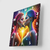 Tweelingfiguren in kleurrijke lichtomhelzing vierkante klok (Hoek)