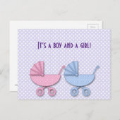 tweelingjongen en meisje polka dot stroller - cade aankondigingskaart (Voorkant / Achterkant)