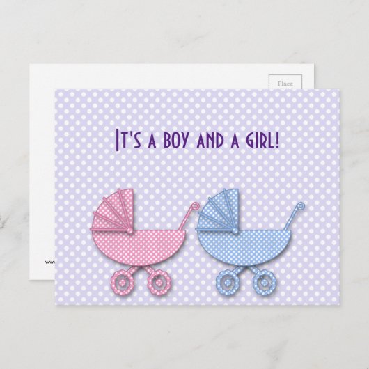 tweelingjongen en meisje polka dot stroller - cade aankondigingskaart (Voorkant / Achterkant)