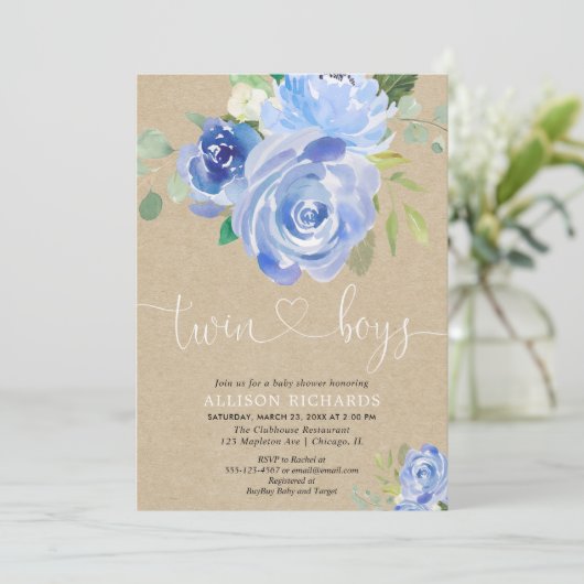 Tweelingjongens baby shower roestblauw bloemkraft kaart (Staand voorkant)