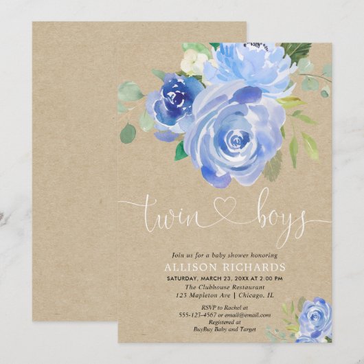 Tweelingjongens baby shower roestblauw bloemkraft kaart (Voorkant / Achterkant)