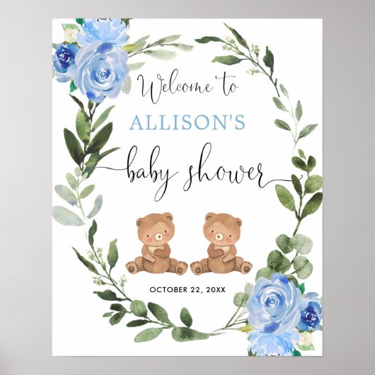 Tweelingjongens teddy dragen baby shower-welkomstb poster (Voorkant)