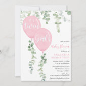 Tweelingmeisjes baby shower eucalyptusroze ballonn kaart (Voorkant)