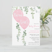 Tweelingmeisjes baby shower eucalyptusroze ballonn kaart (Staand voorkant)