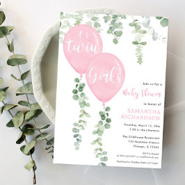 Tweelingmeisjes baby shower eucalyptusroze ballonn kaart