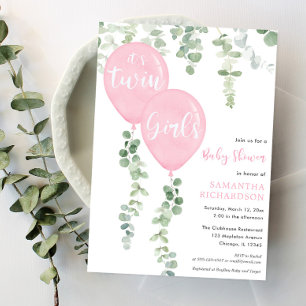 Tweelingmeisjes baby shower eucalyptusroze ballonn kaart