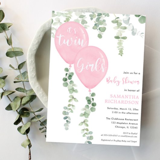 Tweelingmeisjes baby shower eucalyptusroze ballonn kaart