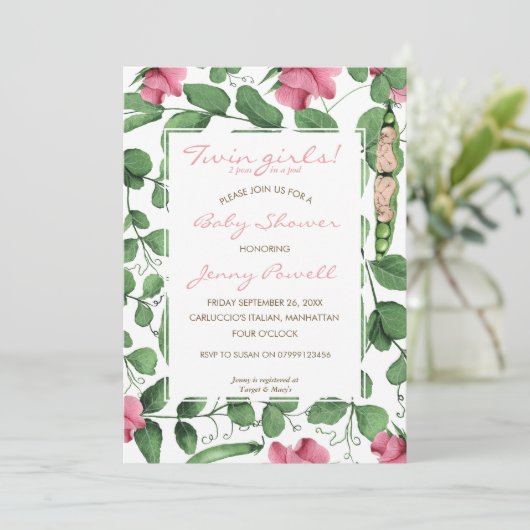 Tweelingmeisjes baby shower twee erwten in een pod kaart (Staand voorkant)