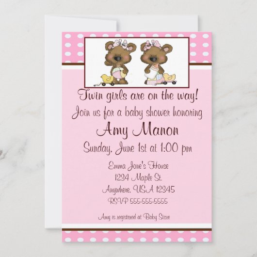 Tweelingmeisjes beren gepersonaliseerd baby shower kaart (Voorkant)