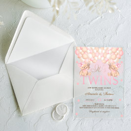 Tweelingmeisjes dragen roze ballonnen baby shower acryl uitnodigingen