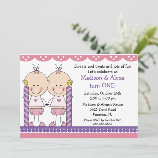 Tweelingmeisjes eerste uitnodiging (Staand voorkant)