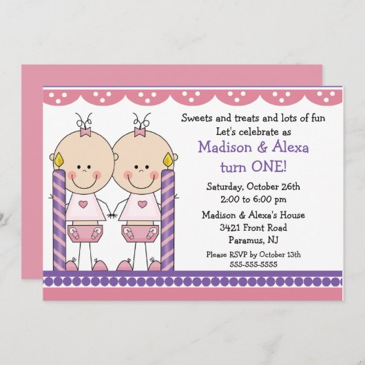 Tweelingmeisjes eerste uitnodiging (Voorkant / Achterkant)