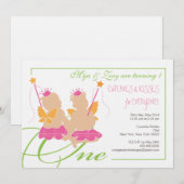 Tweelingmeisjes eerste uitnodiging op verjaardag (Voorkant / Achterkant)