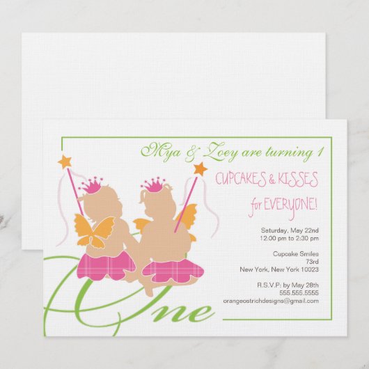 Tweelingmeisjes eerste uitnodiging op verjaardag (Voorkant / Achterkant)