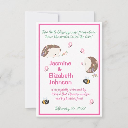 Tweelingmeisjes geboorteaankondiging kaart (Voorkant)
