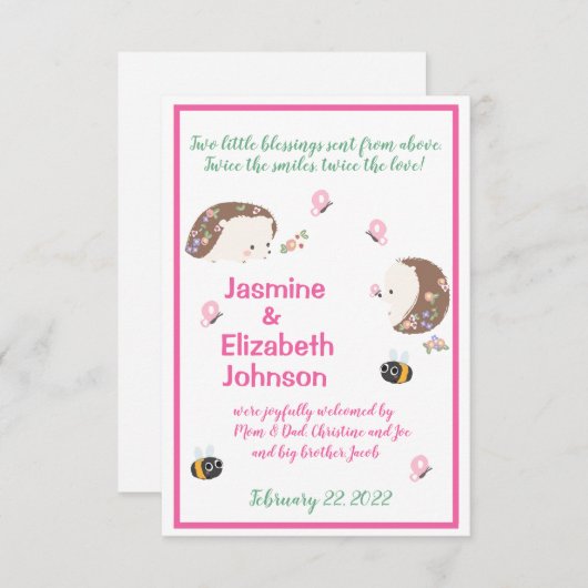 Tweelingmeisjes geboorteaankondiging kaart (Voorkant / Achterkant)