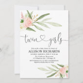 Tweelingmeisjes, groen goudroze baby shower met fl kaart (Voorkant)