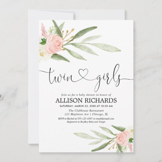 Tweelingmeisjes, groen goudroze baby shower met fl kaart (Voorkant)