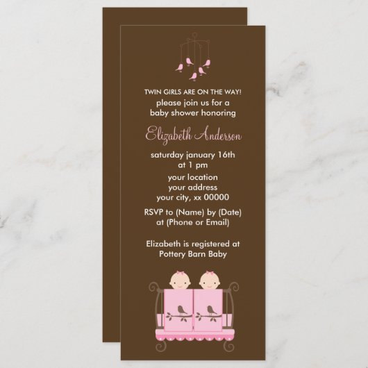 Tweelingmeisjes in het Baby shower van het roze Wi Kaart (Voorkant / Achterkant)