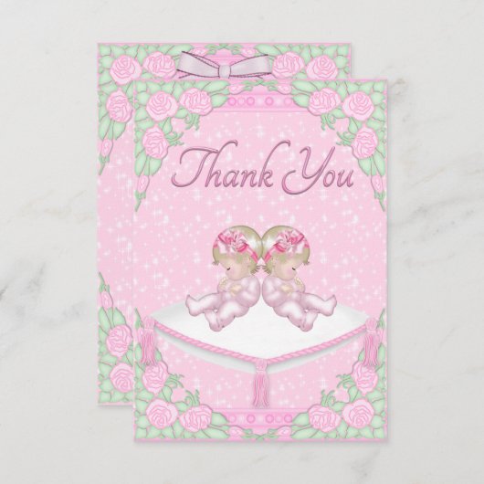 Tweelingmeisjes, kussen en Rozen Roze dank Bedankkaart (Voorkant / Achterkant)