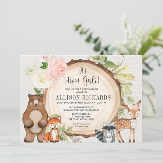 Tweelingmeisjes roze floraal baby shower met bos kaart (Staand voorkant)