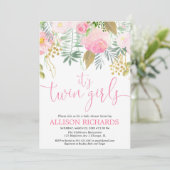 Tweelingmeisjes roze goudgroene waterverf kaart (Staand voorkant)