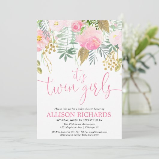 Tweelingmeisjes roze goudgroene waterverf kaart (Staand voorkant)