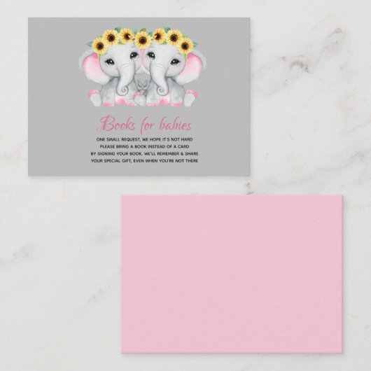 Tweelingmeisjes roze olifanten met zonnebloemkrane informatiekaartje (Voorkant / Achterkant)