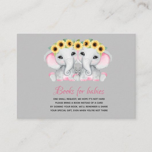 Tweelingmeisjes roze olifanten met zonnebloemkrane informatiekaartje (Voorkant)