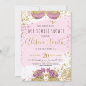 Tweelingmeisjes schattig gouden roze Baby shower Aankondiging (Voorkant)