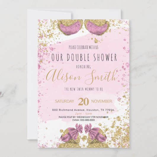 Tweelingmeisjes schattig gouden roze Baby shower Aankondiging (Voorkant)