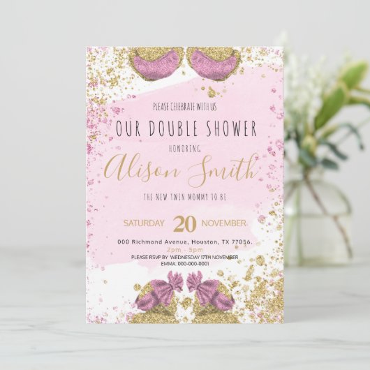 Tweelingmeisjes schattig gouden roze Baby shower Aankondiging (Staand voorkant)