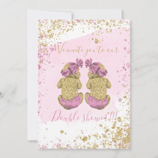 Tweelingmeisjes schattig gouden roze Baby shower Aankondiging (Achterkant)