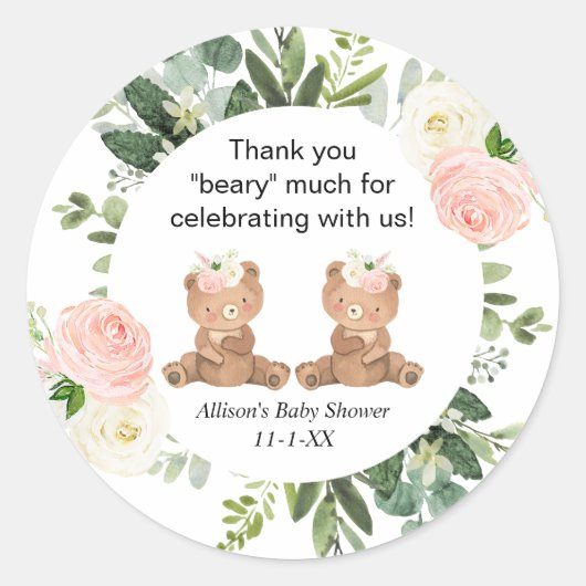 Tweelingmeisjes teddy dragen roze baby shower dank ronde sticker (Voorkant)