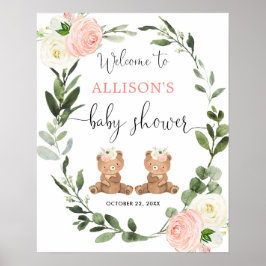 Tweelingmeisjes teddybeer baby shower-welkomstbord poster