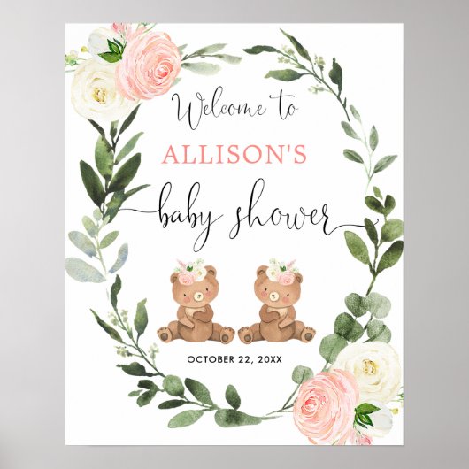 Tweelingmeisjes teddybeer baby shower-welkomstbord poster (Voorkant)