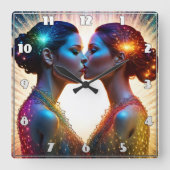 Tweelingmodellen zoenen met kleurrijke sprankeling vierkante klok (Voorkant)