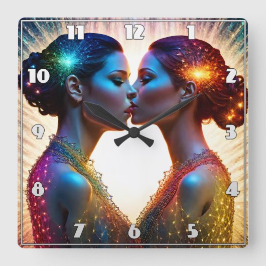 Tweelingmodellen zoenen met kleurrijke sprankeling vierkante klok (Voorkant)