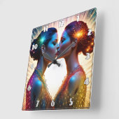 Tweelingmodellen zoenen met kleurrijke sprankeling vierkante klok (Hoek)