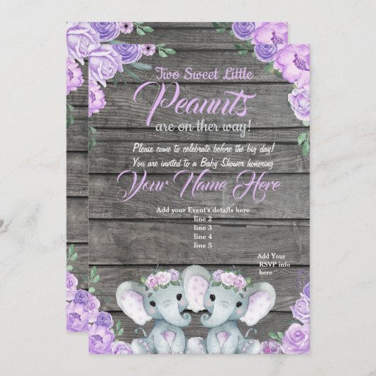 tweelingOlifant Baby shower Uitnodiging rustiek pa (Voorkant / Achterkant)