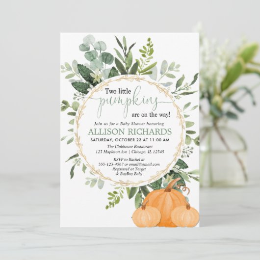 Tweelingpompoen baby shower, twee kleine pompoenen kaart (Staand voorkant)